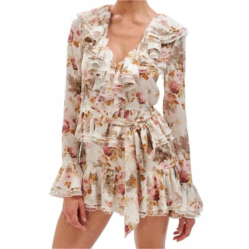 Ronny Kobo Small Palmero Dress Muted Floral Tiered V Neck Ruffles Euc $528